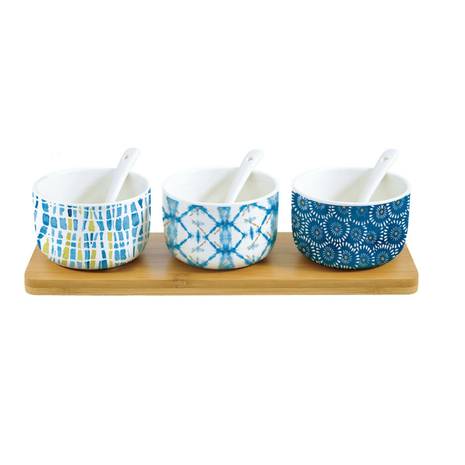 Bamboo dipping set and 3 porcelain bowls w/spoons SHIBORI