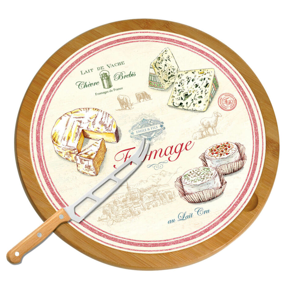Piatto formaggio in bamboo con tagliere di vetro e coltello FROMAGE