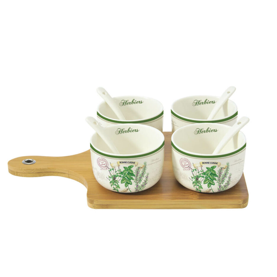 Plateau apéritif avec 4 bols et cuillères en porcelaine, sur un plateau en bambou HERBIERS