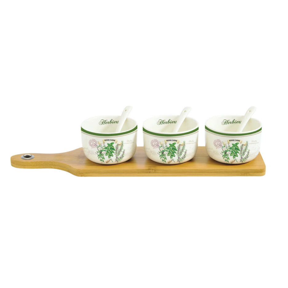 Plateau apéritif avec 3 bols et cuillères en porcelaine, sur un plateau en bambou HERBIERS