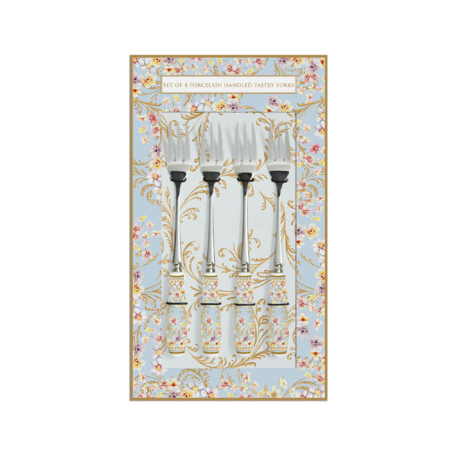 Ensemble de 4 fourchettes a gâteaux avec manche en porcelaine MAJESTIC FLOWERS